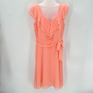 DKNY Dress Womens 12 Double Ruffled Chiffon Salmon Peach Coral Sash Hi Lo Spring